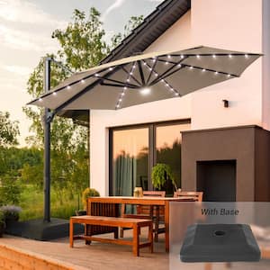 11 ft. Aluminum Cantilever Patio Umbrella with a Base, Outdoor Offset Hanging Rotation with Solar LED Lights in Sand