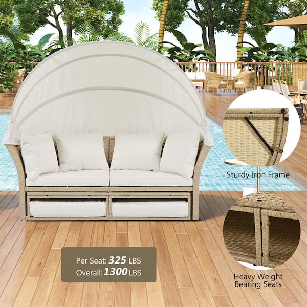 Wicker Outdoor Day Bed, Round Sofa Furniture Set with Retractable Canopy, 4-Pillows for Lawn Garden and Beige Cushions