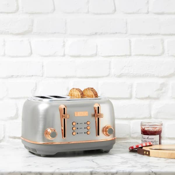 Heritage 1500-Watt 4-Slice Steel and Copper Wide Slot Retro Toaster with Removable Crumb Tray and Browning Control