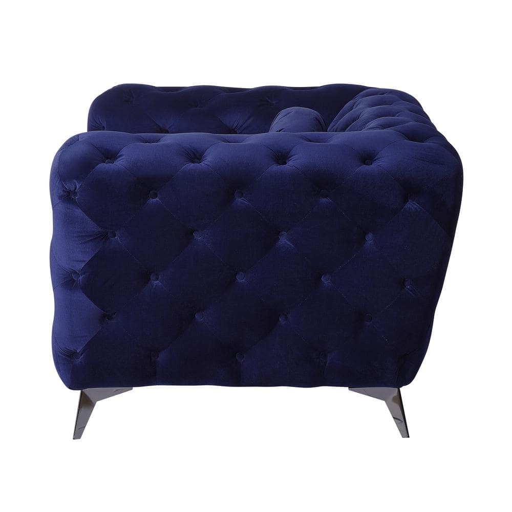 Elegant Blue Velvet Tufted Sofa with Chrome Legs, 86 in