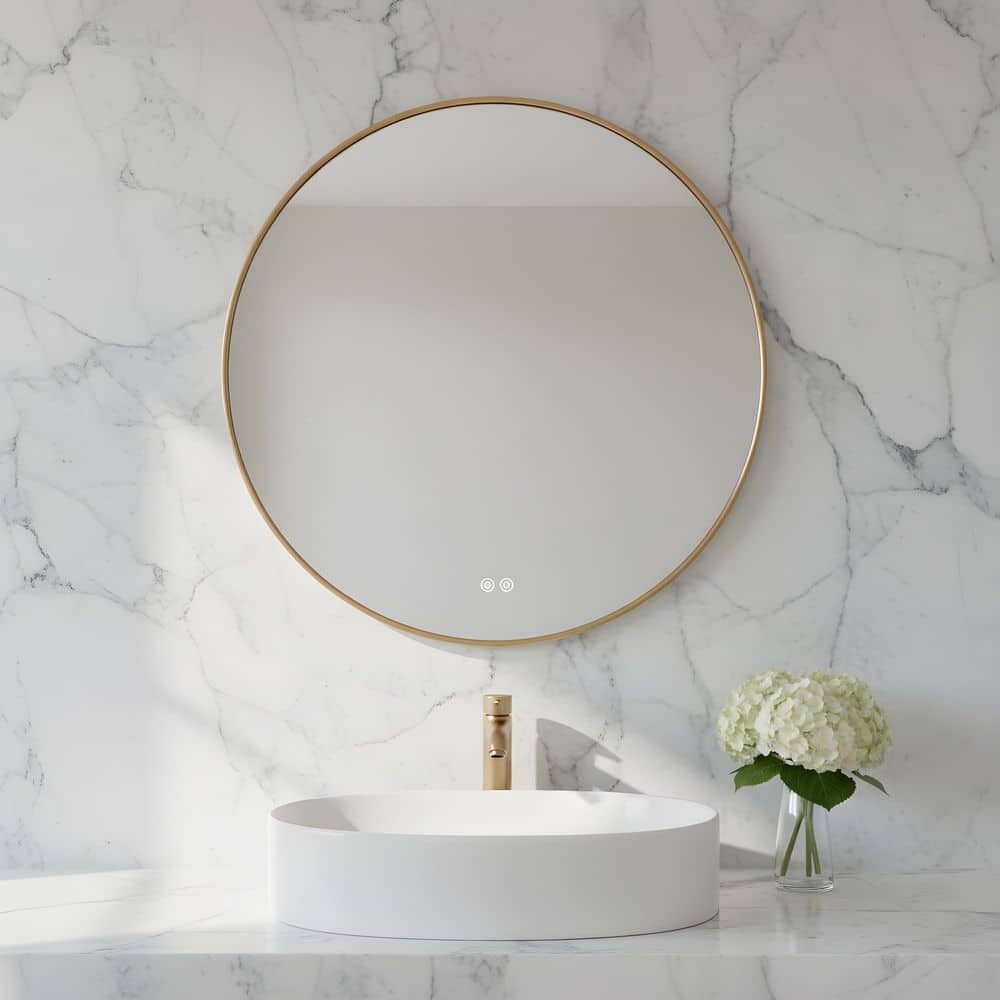 Cadre 30 in. x 30 in. Satin Brass Integrated LED Illuminated Dimmable Vanity Light Mirror price history on PriceWatchPro