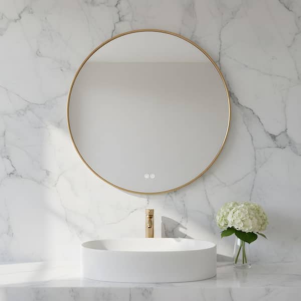 Cadre 30 in. x 30 in. Satin Brass Integrated LED Illuminated Dimmable Vanity Light Mirror