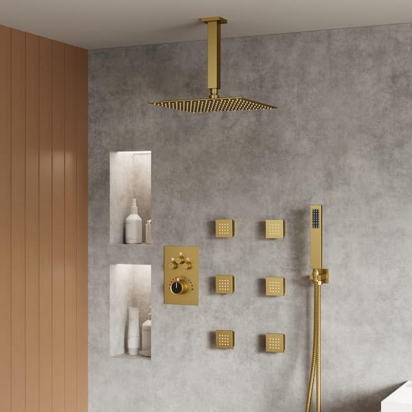 YAWWALK Thermostatic Shower System 7-Spray Ceiling Mount Square Shower Head with 6-Jets in Brushed Gold (Valve Included)