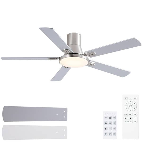 Thalion 52-in. Indoor/Outdoor Integrated LED Matte Nickel Ceiling Fan with Remote Control and Flush Mount for Bedroom