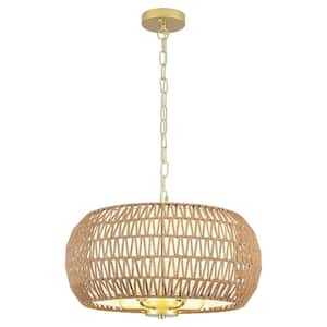 6-light Gold Bohemian Drum Chandelier with Straw Woven Shade for Kitchen Island