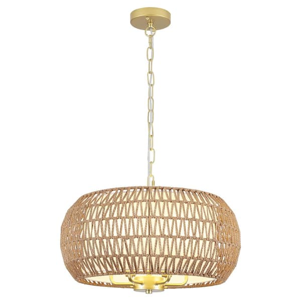ADSENSTY 6-light Gold Bohemian Drum Chandelier with Straw Woven Shade for Kitchen Island
