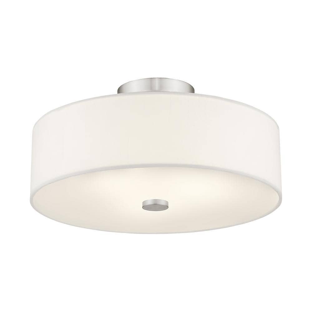 Brushed Nickel 3-Light Semi-Flush Mount with Off-White Shade