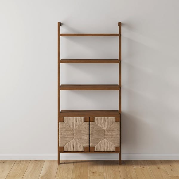 Beacon 72 in. Tall Dark Brown Solid Wood 3-Shelf Boho Bookcase with Seagrass Cabinet