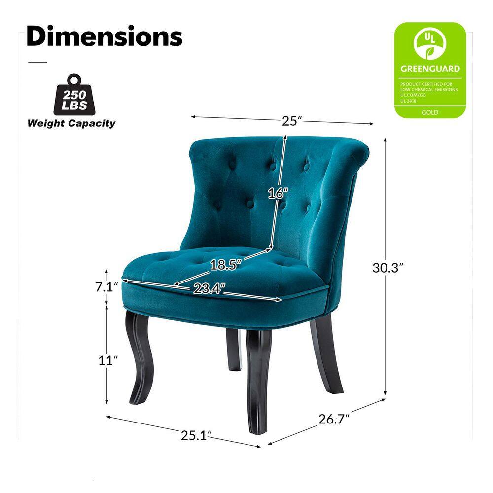 Teal Velvet Button-Tufted Armless Accent Chair with Wooden Legs