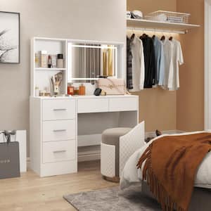 5-Drawers White Wood Makeup Vanity Table Dresser Sets Dressing Desk with LED Mirror and Open Shelves