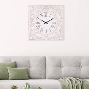 24 in. Distressed White Ornate Wood Carved Wall Clock