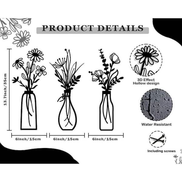 Black Metal Flower Wall Art with Rustic Farmhouse and Minimalist Style for Home Decor and Housewarming Gifts (3-Pack)