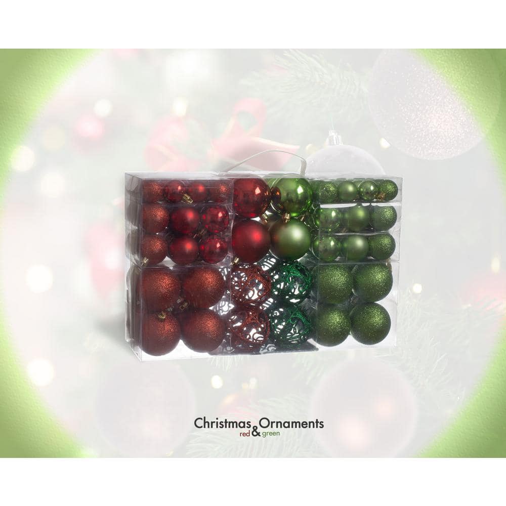 Red and Green Shatterproof Christmas Ornament Balls with Metal Hooks