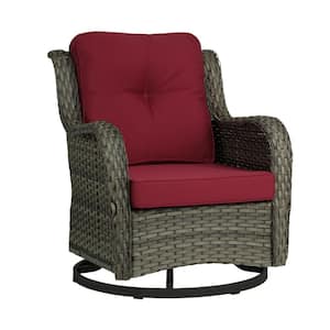 Wicker Rattan Taupe Patio Outdoor Rocking Chair Swivel with Red Cushions (Set of 1)