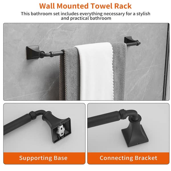 4-Piece Bath Hardware Set with Towel Bar Hand Towel Holder Toilet Paper Holder Towel Hook Farmhouse in Matte Black
