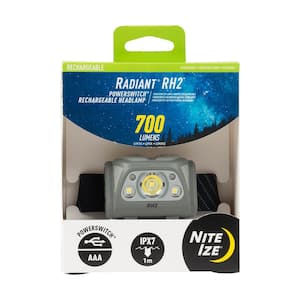 700 Lumens Radiant RH2 PowerSwitch Rechargeable Headlamp - Black/Grey, Dual Power Alkaline USB Battery