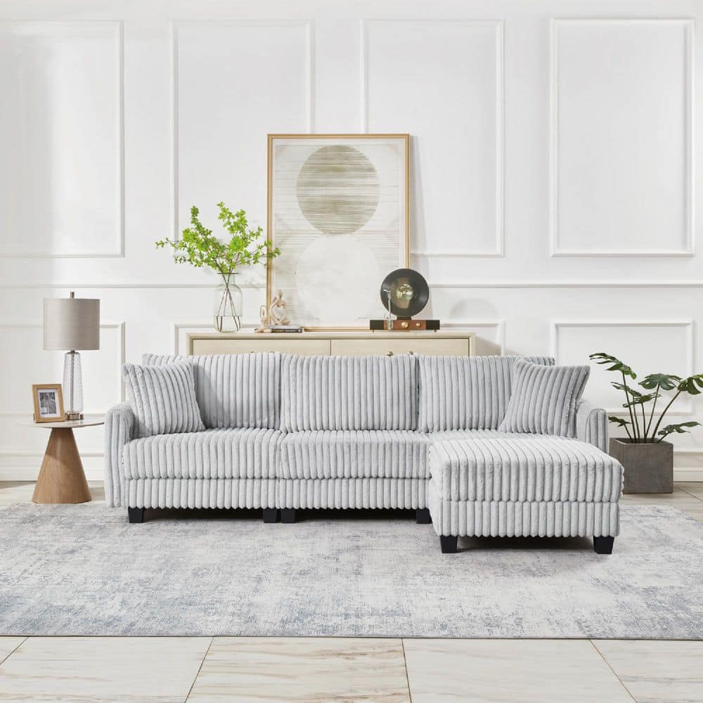 Peaceful 100 in. Polyester L-Shaped Sectional Sofa in. Grey with Ottoman, Side Pockets, Pillows