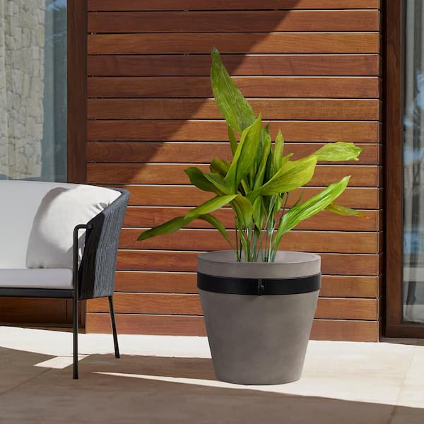 Armen Living Obsidian 16 in. Tall Indoor or Outdoor Planter in Grey Concrete with Black Accent
