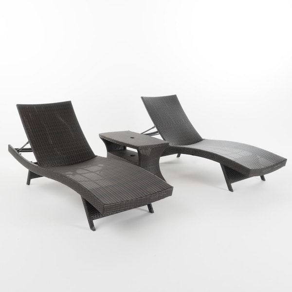 Noble House Marshall Multi-Brown Armless 3-Piece Faux Rattan Outdoor Chaise Lounge and Table Set