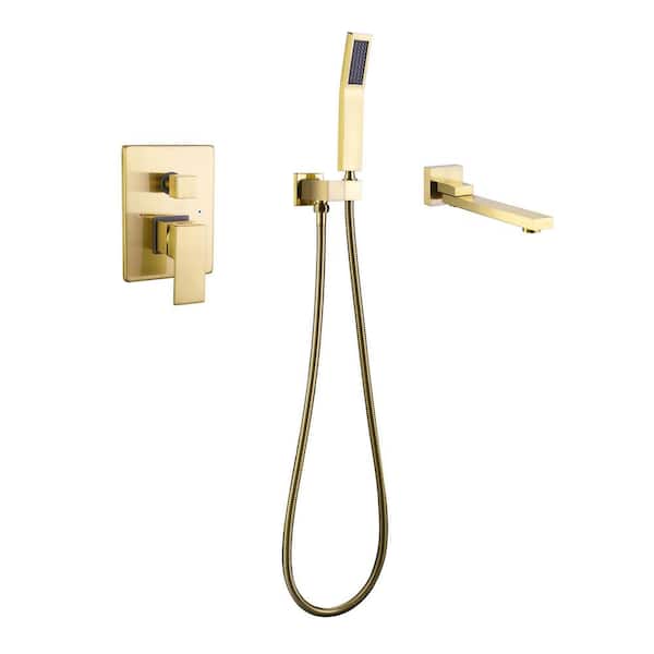 FLG Single-Handle Wall-Mount Roman Tub Faucet with Hand Shower Modern Brass Bathtub Filler with Valve in Brushed Gold