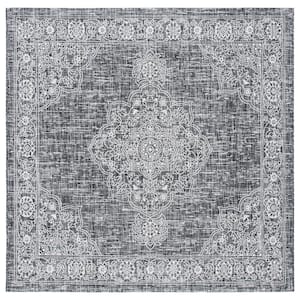Courtyard Gray/Black 7 ft. x 7 ft. Floral Distressed Border Indoor/Outdoor Patio  Square Area Rug