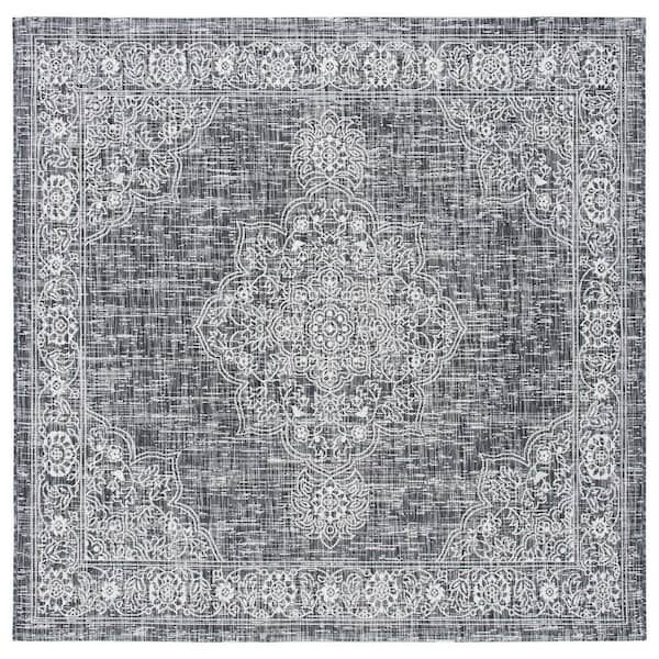 SAFAVIEH Courtyard Gray/Black 7 ft. x 7 ft. Floral Distressed Border Indoor/Outdoor Patio  Square Area Rug