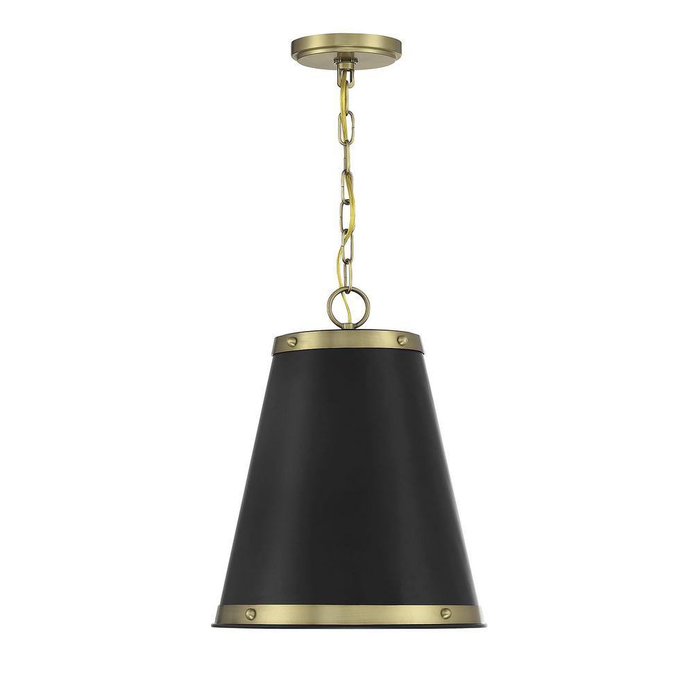 Matte Black and Natural Brass 1-Light Pendant with Glass Accents