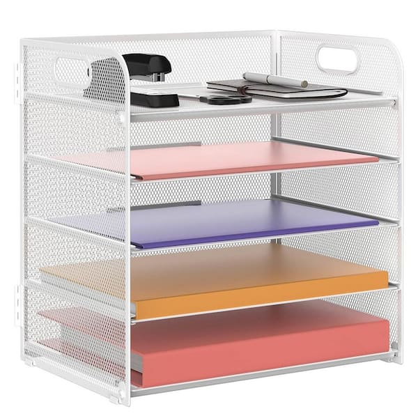 White 12.6 in. x 11.4 in. Metal Minimalist Desk File Organizer with Handle