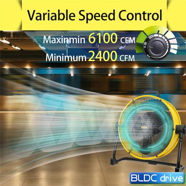HiCFM 20 in. Yellow Drum Fan, Variable Speed DC Motor, 6100 CFM, 180° Pivot, Turbo Floor Fan, UL Listed
