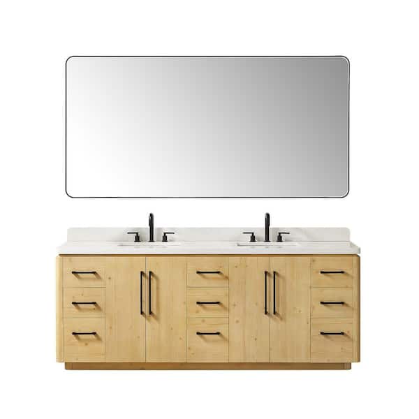 Altair Serene 84 in. Double Freestanding Nature Brown Bath Vanity with Grain White Engineered Stone Top Assembled with Mirror
