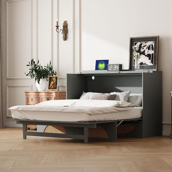 Polibi Gray Wood Frame Queen Murphy Bed with Large Drawer,USB Ports and Outlets