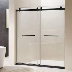 72in.W x 76in. H Freestanding Double Sliding Frameless Corner Shower Enclosure in Matte Black with Clear Glass