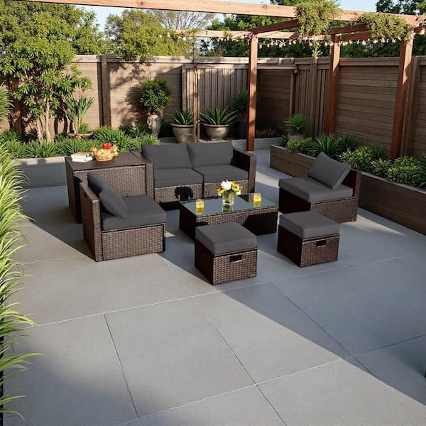 Unbranded 8 Pieces Patio Rattan Furniture Set with Storage Box, Waterproof Cover and Cushions in Gray