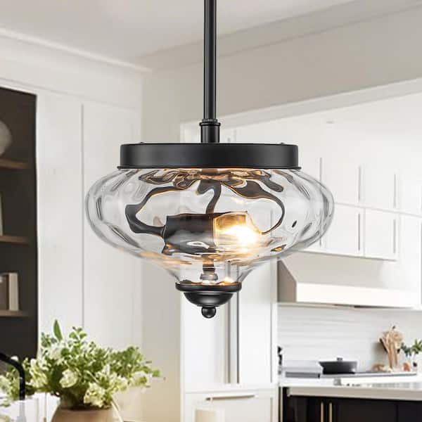 Bay 2-Light 10 in. Matte Black Pendant Light Foyer Circle Convertible Semi Flush Mount Light with Hammered Water Glass