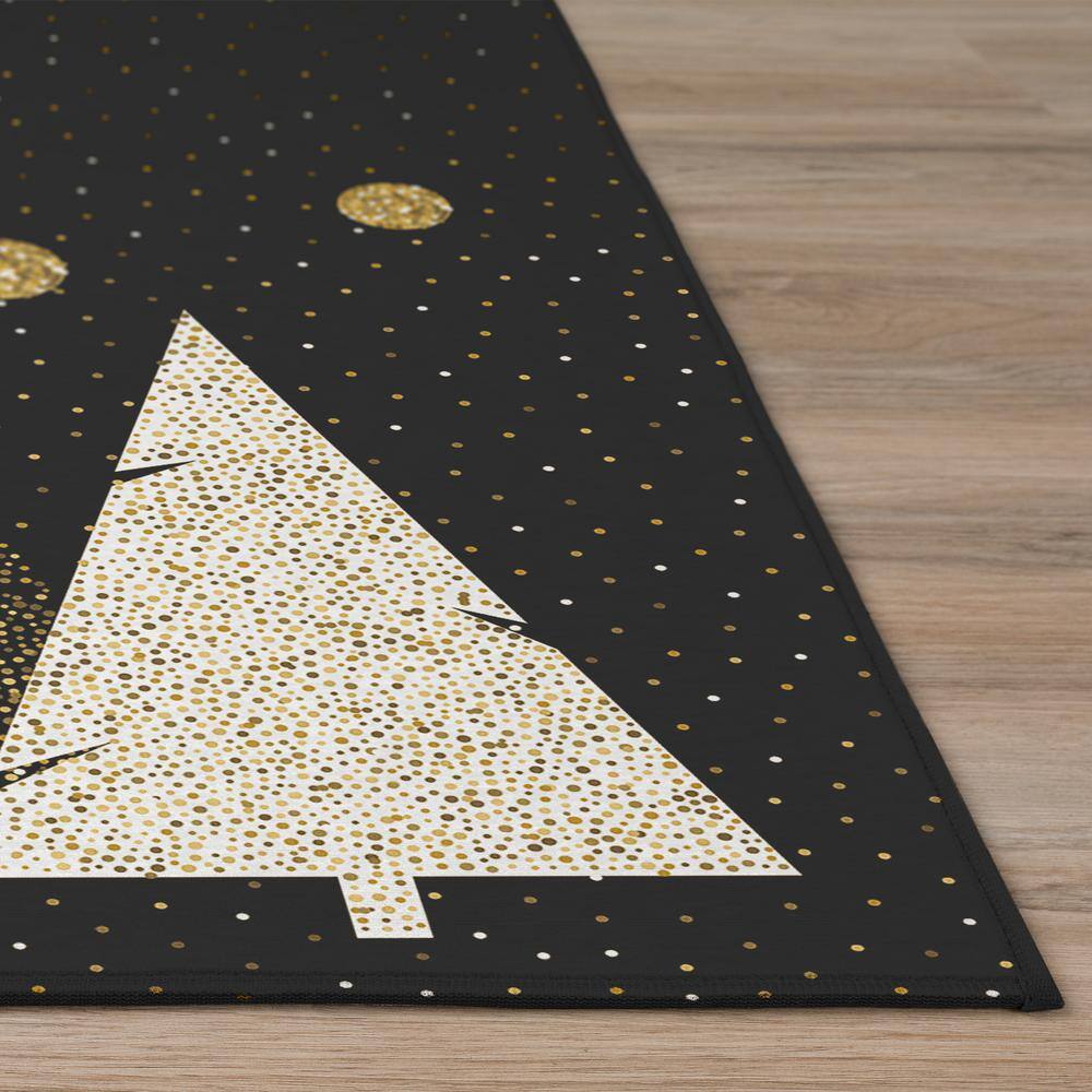 Black and Gold Abstract Christmas Tree Washable Rug 5' x 7'