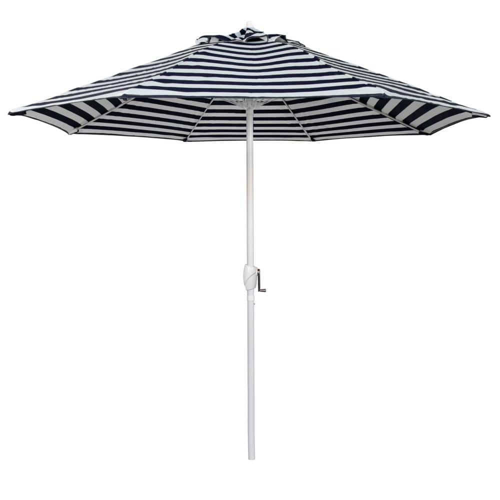 California Umbrella 9 ft. Matted White Aluminum Market Patio Umbrella Fiberglass Ribs and Auto Tilt in Navy White Cabana Stripe Olefin