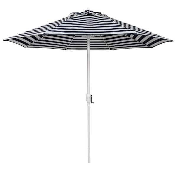 California Umbrella 9 ft. Matted White Aluminum Market Patio Umbrella Fiberglass Ribs and Auto Tilt in Navy White Cabana Stripe Olefin