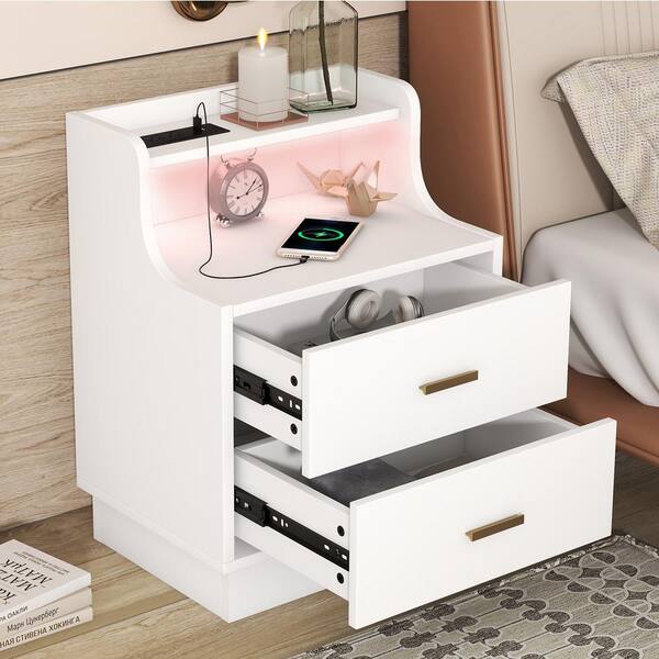 URTR White 2 Drawer 13.4 in.W LED Nightstand with 2 USB Charging Station, Wood Nightstand with Color-Changing LED for Bedroom