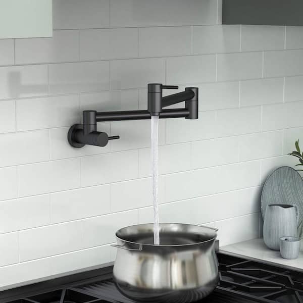 Circular Wall Mount Pot Filler with Handle in Matte Black