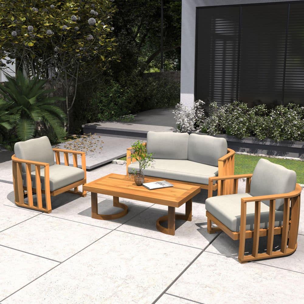 Frame Natural 4-Piece Acacia Wood Patio Conversation Sofa Set with Beige Cushions price history on PriceWatchPro