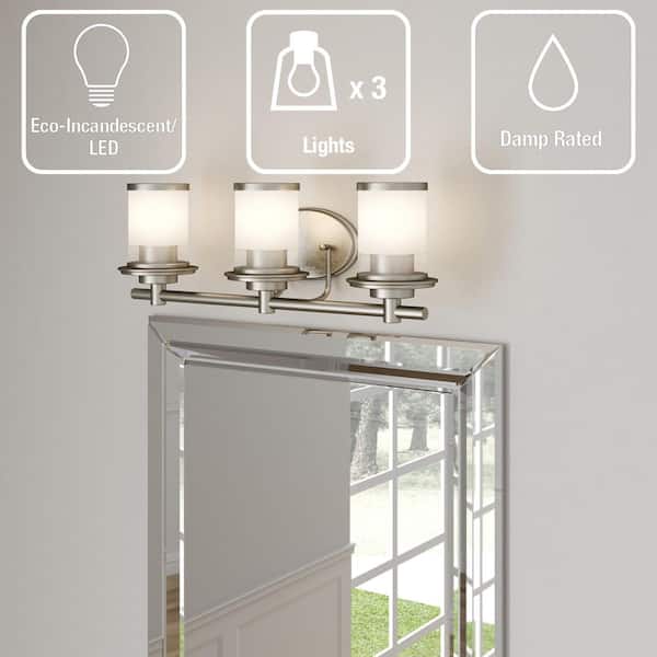 Truitt 23.25 in. 3-Light Brushed Nickel Vanity Light with Frosted and Clear Edge Glass Shades