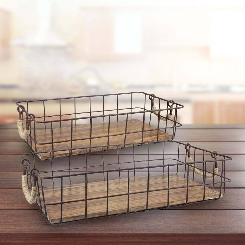 Rustic Woodgrain and Distressed Metal Rectangular Basket Duo