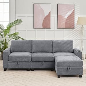 Modern 91 in. Grey Chenille Square Arm L-Shaped Storage Sofa with Cup Holder and Ottoman for Living