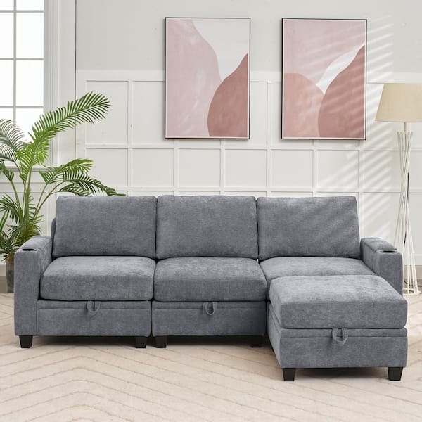 Modern 91 in. Grey Chenille Square Arm L-Shaped Storage Sofa with Cup Holder and Ottoman for Living