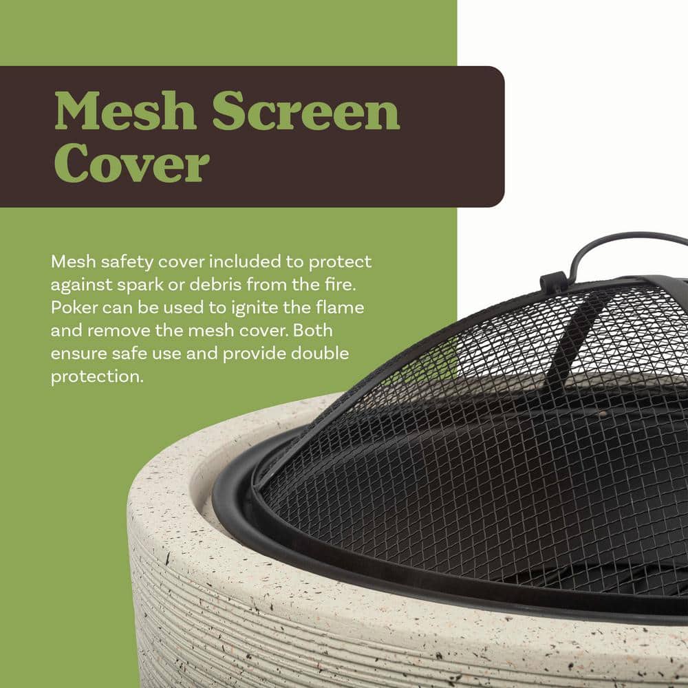 21" Round Light Gray Magnesium Oxide Fire Pit with Poker and Cover