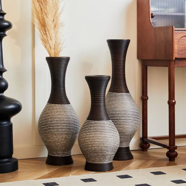 21 in. 25 in. 28 in. Brown Plastic Cylinder Decorative Floor Vase Flower Stand Artificial Vine Vase Set of 3