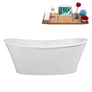 63 in. x 31 in. Acrylic Freestanding Soaking Bathtub in Glossy White With Matte Black Drain, Bamboo Tray