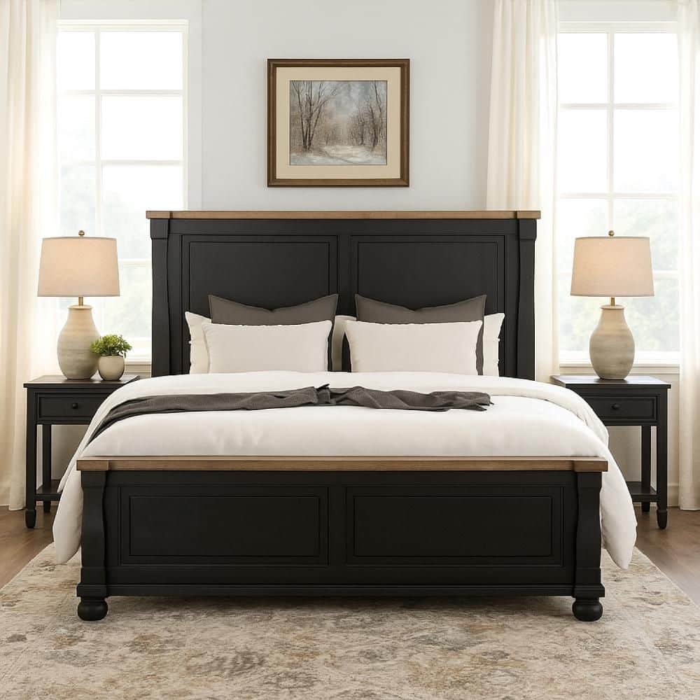 Benjara Ginie Black and Oak Brown Wood Frame King Panel Bed with