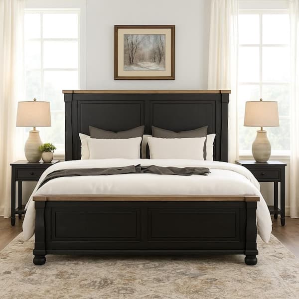 Benjara Ginie Black and Oak Brown Wood Frame King Panel Bed with
