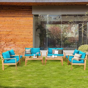 Brown 8-Piece Wood Patio Conversation Set with Blue Cushion
